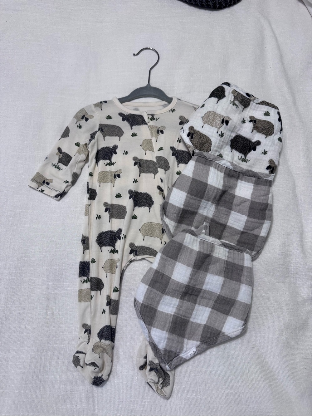 Neutral Sheep Print Baby Footie and Muslin Bibs
